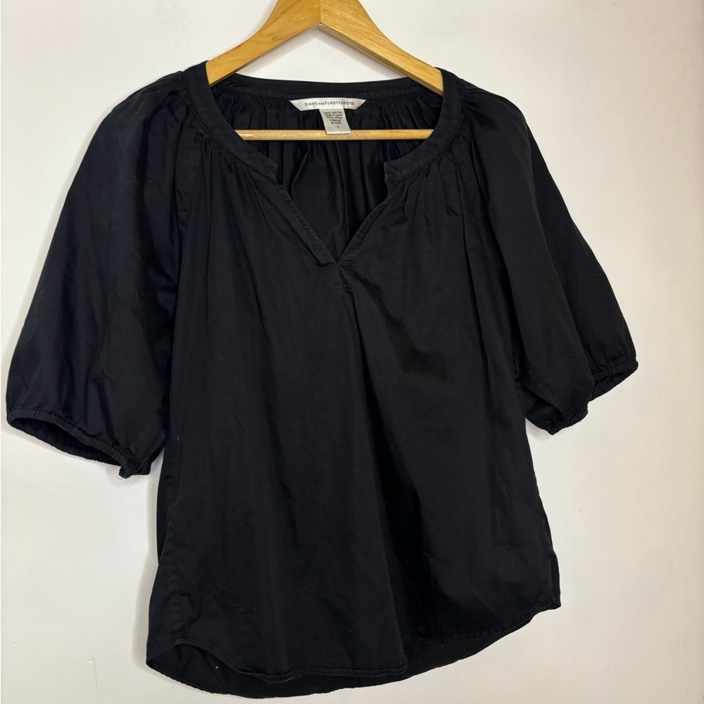 Diane Von Furstenberg Keoni Black Cotton Pintuck Puff Sleeve Top